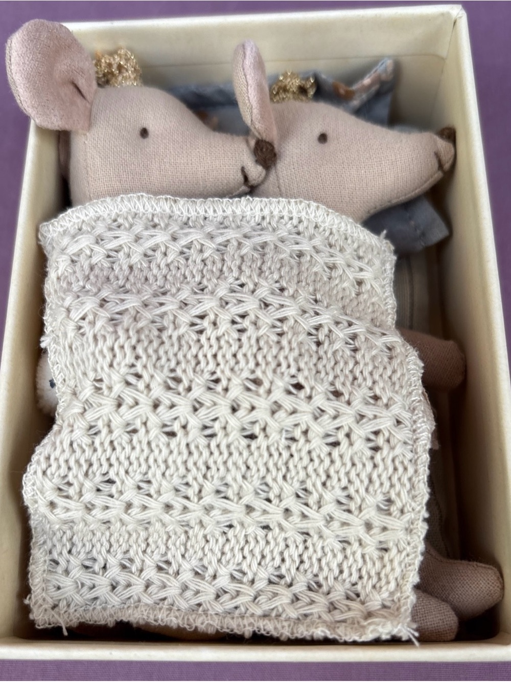 Maileg ROYAL TWIN MICE Little Sister &Brother in Matchbox Bed Collectible creme